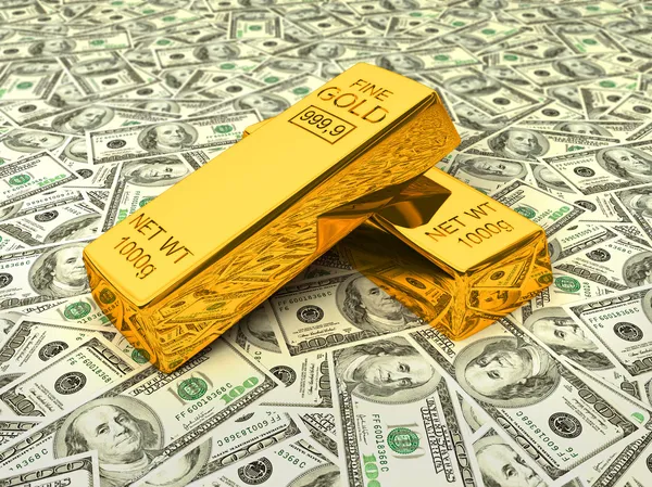 Золоті батончики на доларах — стокове фото