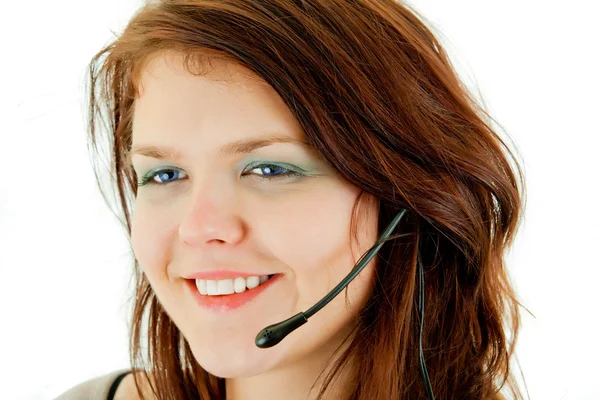 Giovane bella call center femminile operatore ritratto isolato su bianco — Foto Stock