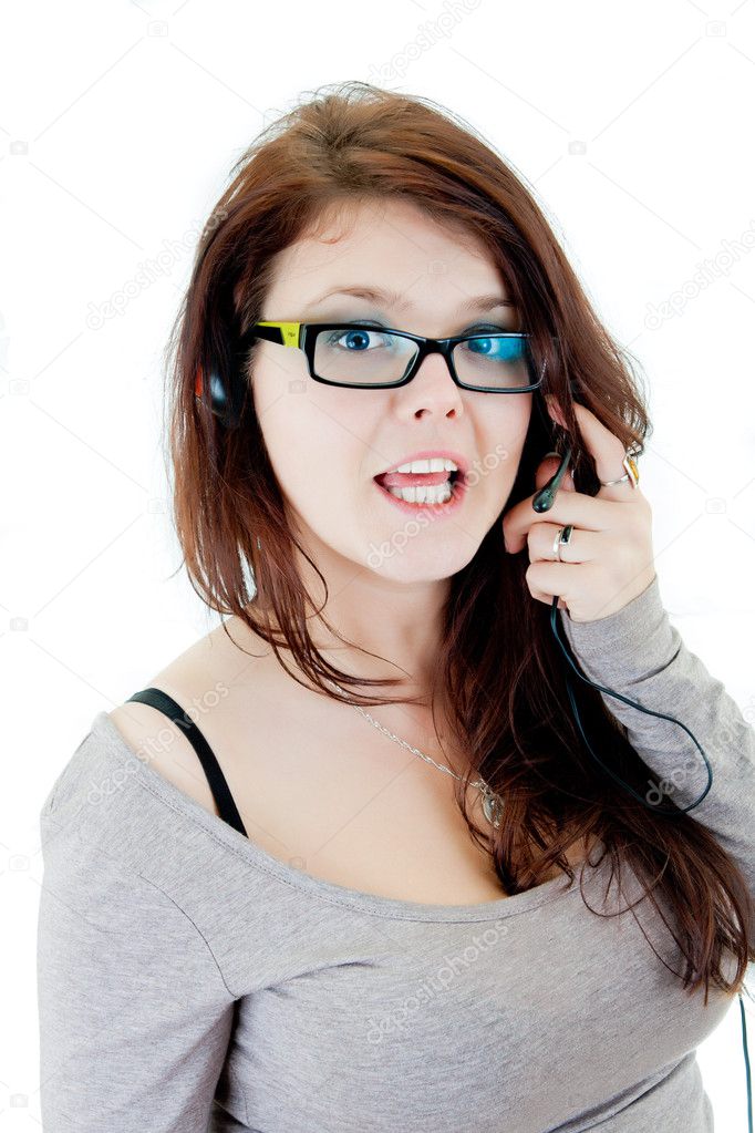 Young beautiful call center female operator portrait isolated on white