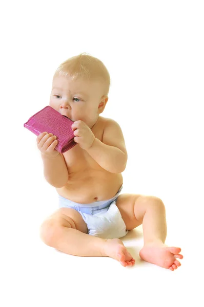 Bebê bonito com carteira rosa — Fotografia de Stock