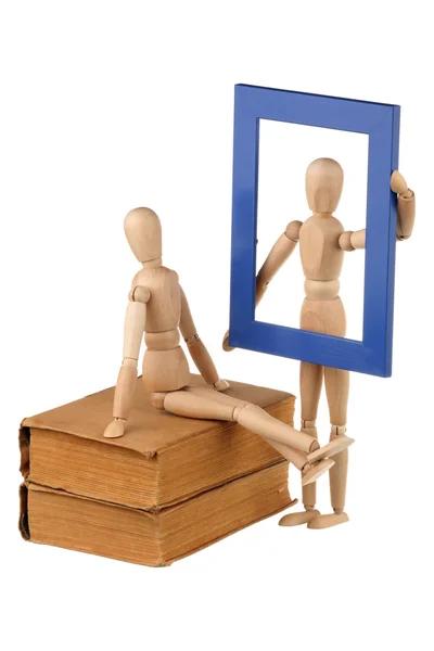Two dummy, old books and photo frame — Stock Photo, Image