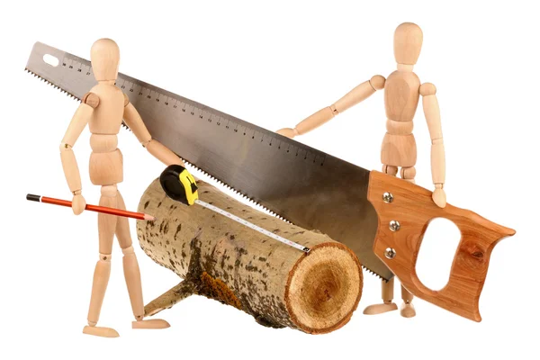 Maniquíes, herramientas y troncos — Foto de Stock