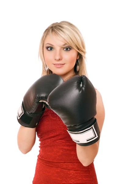 Charmante blonde Frau in Boxhandschuhen — Stockfoto