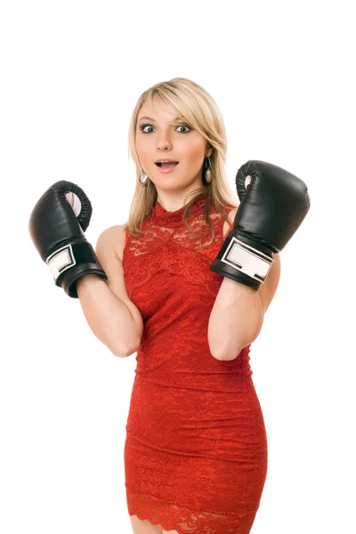 Charming blond girl in boxing gloves — Stock Photo, Image
