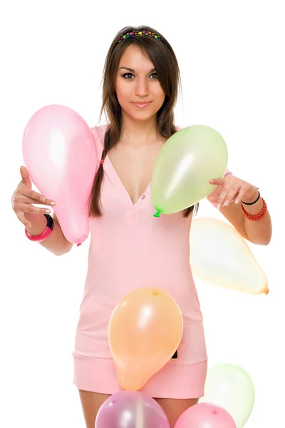 Όμορφη σέξι μελαχρινή γυναίκα με μπαλόνια — Φωτογραφία Αρχείου