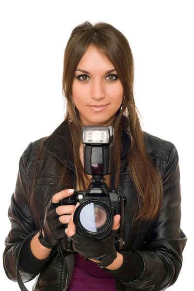 카메라와 함께 갈색 머리 여자 — 스톡 사진