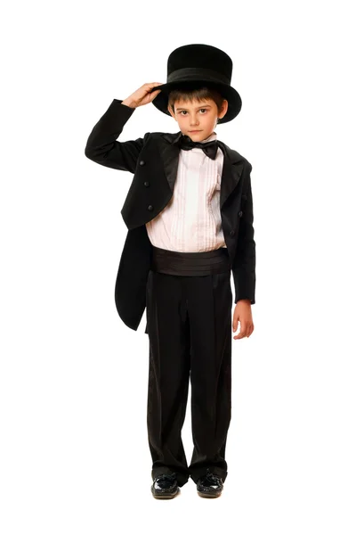 Kleine jongen in een smoking en hoed — Stockfoto