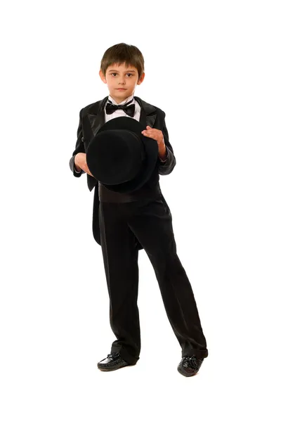 Little boy in tuxedo with a hat — Stock Photo, Image