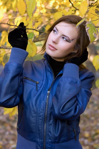 Hermosa chica entre las hojas de otoño — Foto de Stock
