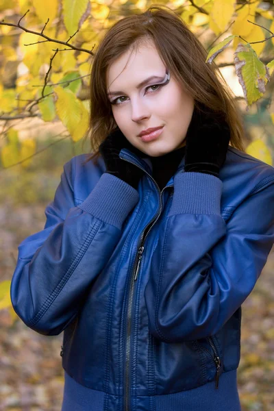 Menina atraente entre as folhas de outono — Fotografia de Stock