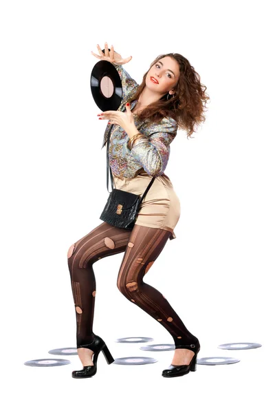 Donna con disco in vinile in una mano — Foto Stock