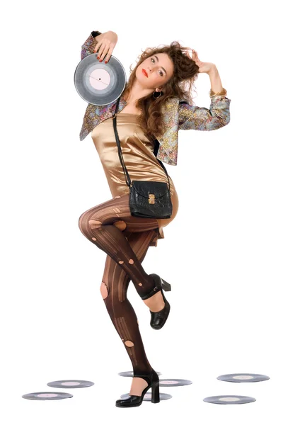 Expressive young woman with vinyl disc — Stock Photo, Image
