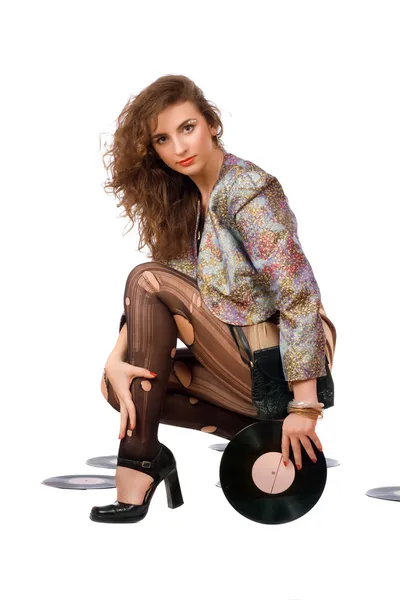 Krásná mladá žena s vinyl disk — Stock fotografie