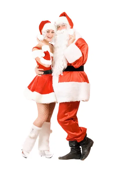 Santa claus en gelukkig sneeuw meisje — Stockfoto