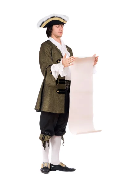 Άνθρωπος στην μια ιστορική κοστούμι Διαβάστε το διάταγμα — Φωτογραφία Αρχείου