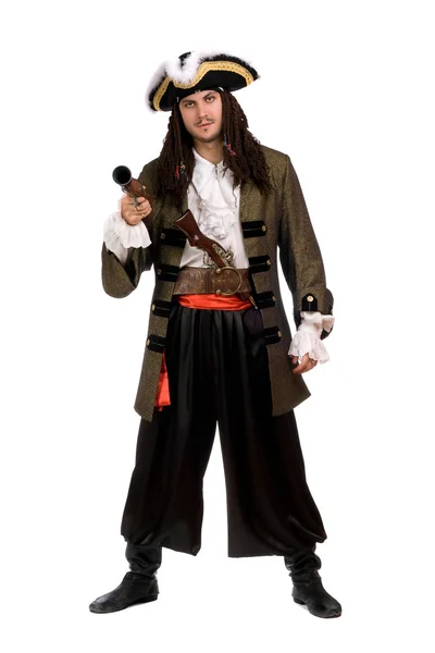 Jovem em um traje de pirata com pistola — Fotografia de Stock