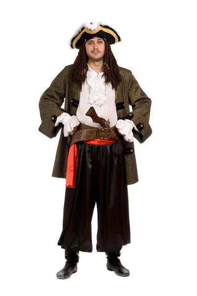 Muž v kostýmu piráta s pistolí. samostatný — Stock fotografie