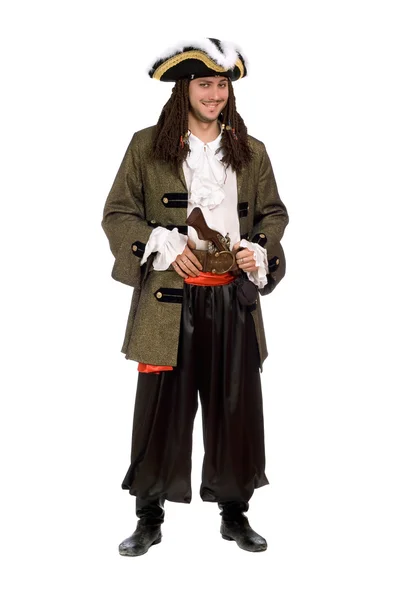 Mladý muž v kostýmu piráta s pistolí — Stock fotografie