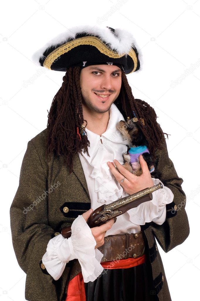 Man in a pirate costume with small dog