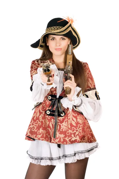 Bella donna con pistole vestite da pirati — Foto Stock