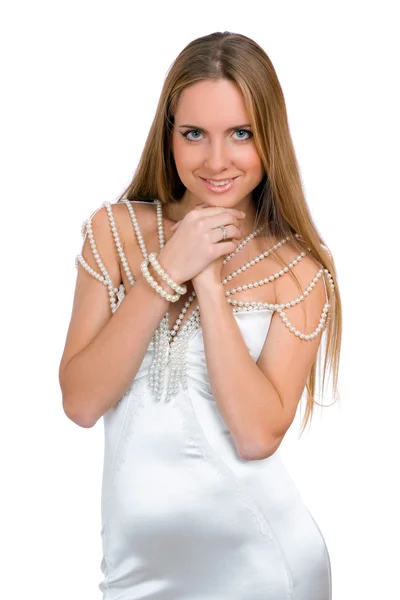 Härlig ung kvinna i brudklänning — Stockfoto