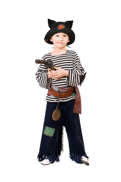 Мальчик с пистолетом, одетый как пират — стоковое фото