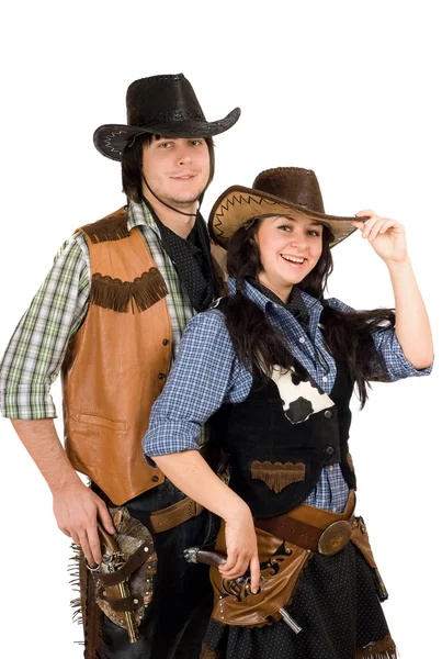 Um jovem cowboy e uma vaqueira. Isolados — Fotografia de Stock