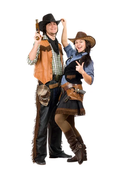 Jovem cowboy alegre e cowgirl — Fotografia de Stock