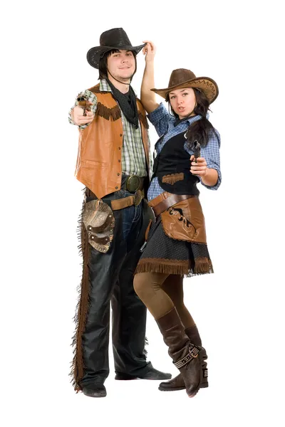 Cowboy and cowgirl with a guns — Stock Photo, Image