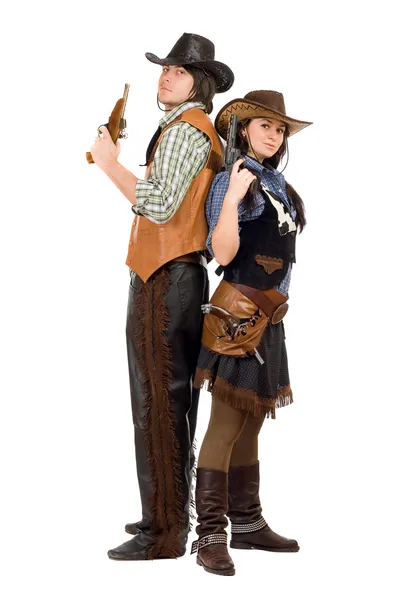 Cowboy och cowgirl med ett vapen — Stockfoto
