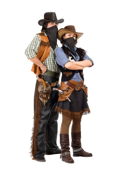 Par inbrottstjuvar i cowboy kostymer — Stockfoto