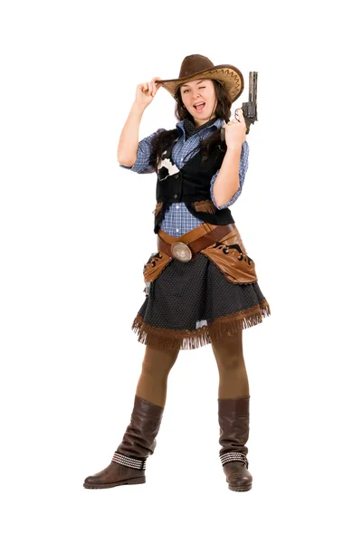 Cheerful cowgirl with a gun — Stock Photo, Image