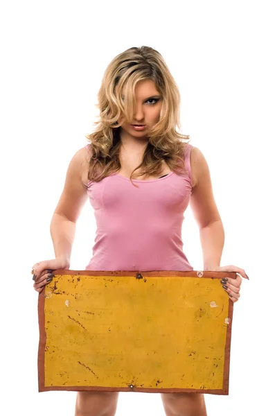 Blondine posiert mit gelbem Vintage Board — Stockfoto