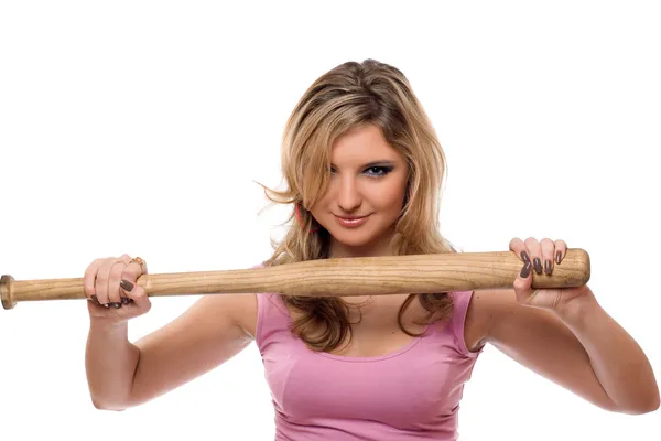 Closeup portrait of young woman with a bat — Stock Photo, Image