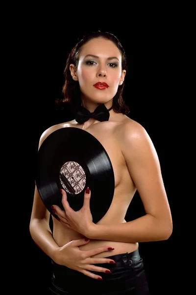Vacker ung kvinna topless med vinyl — Stockfoto