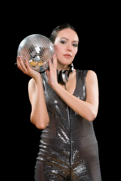Portrait of nice young brunette with a mirror ball — Stock Photo, Image