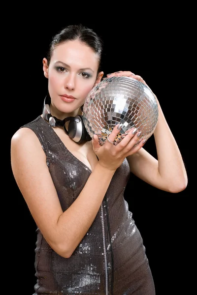 Portrait of beautiful young brunette with a mirror ball — Stock Photo, Image