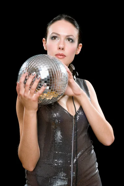 Portrait of young brunette with a mirror ball — Stock Photo, Image