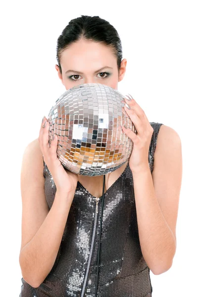 Portrait of brunette with a mirror ball — Stock Photo, Image