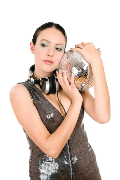 Portrait of young brunette with a mirror ball — Stock Photo, Image