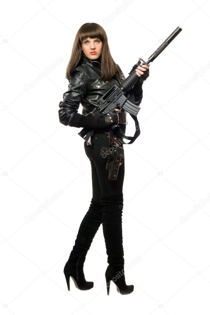 Sexy girl in black with gun