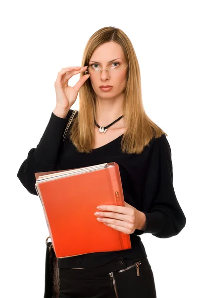 Lady in black with the folder — Stock Photo, Image