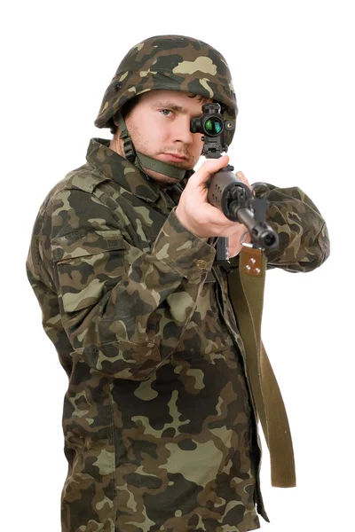 Armed soldier aiming svd — Stock Photo, Image