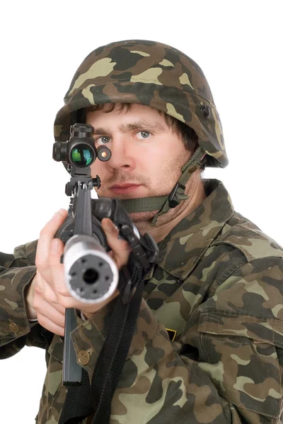 Armed soldier aiming m16 — Stock Photo, Image
