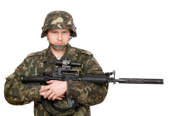 Soldier hugging m16 — Stock Photo, Image
