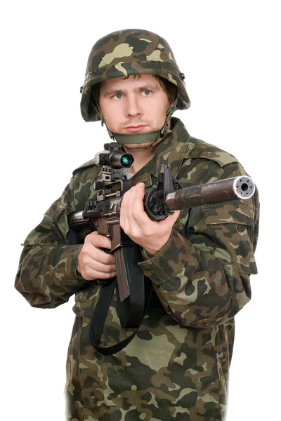 Bewaffneter Soldat zeigt auf m16. Obere Hälfte — Stockfoto