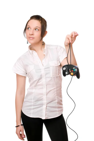 Beautiful brunette girl with a joystick — Stock Photo, Image