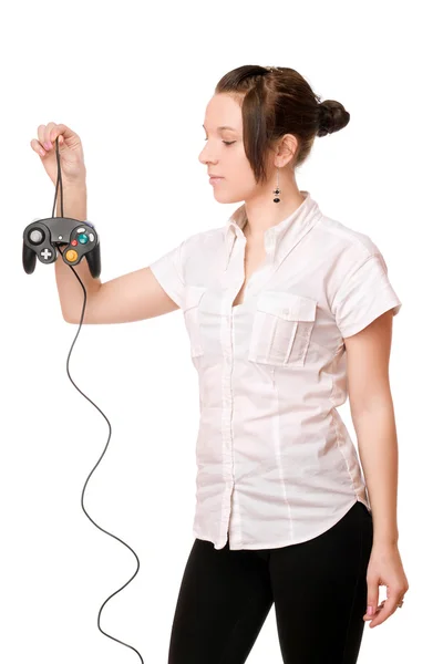 Charmiga brunett tjej med en joystick — Stockfoto