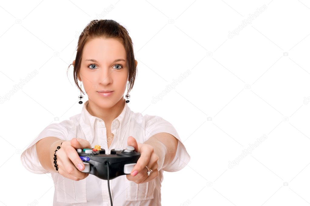 Young brunette girl with a joystick