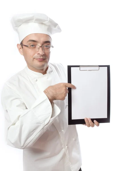 Chief cook showing menu — Stock Photo, Image